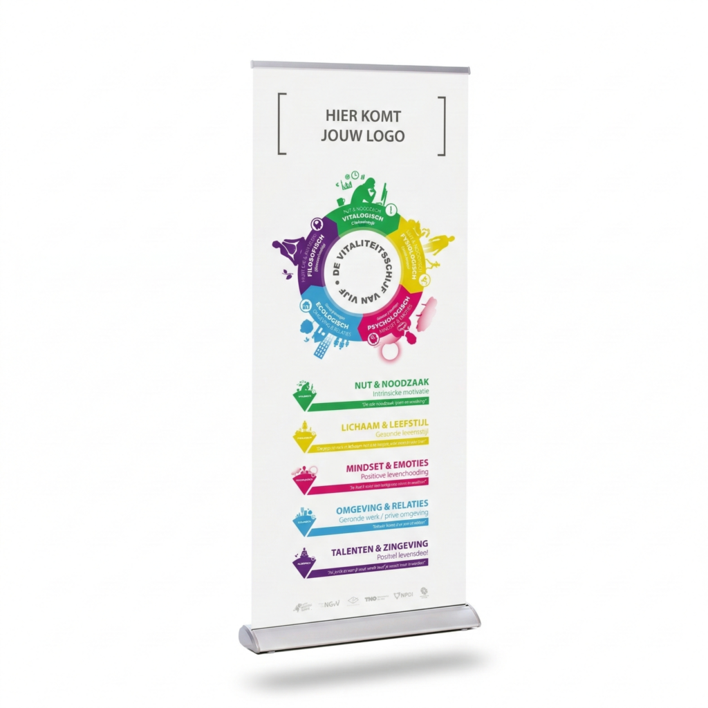 Een witte roll-up banner met de "Vitaliteitsschijf van Vijf". De schijf bevat vijf gekleurde segmenten: Nut & Noodzaak (groen), Lichaam & Leefstijl (geel), Mindset & Emoties (roze), Omgeving & Relaties (blauw) en Talenten & Zingeving (paars). Bovenaan is ruimte voor een eigen logo